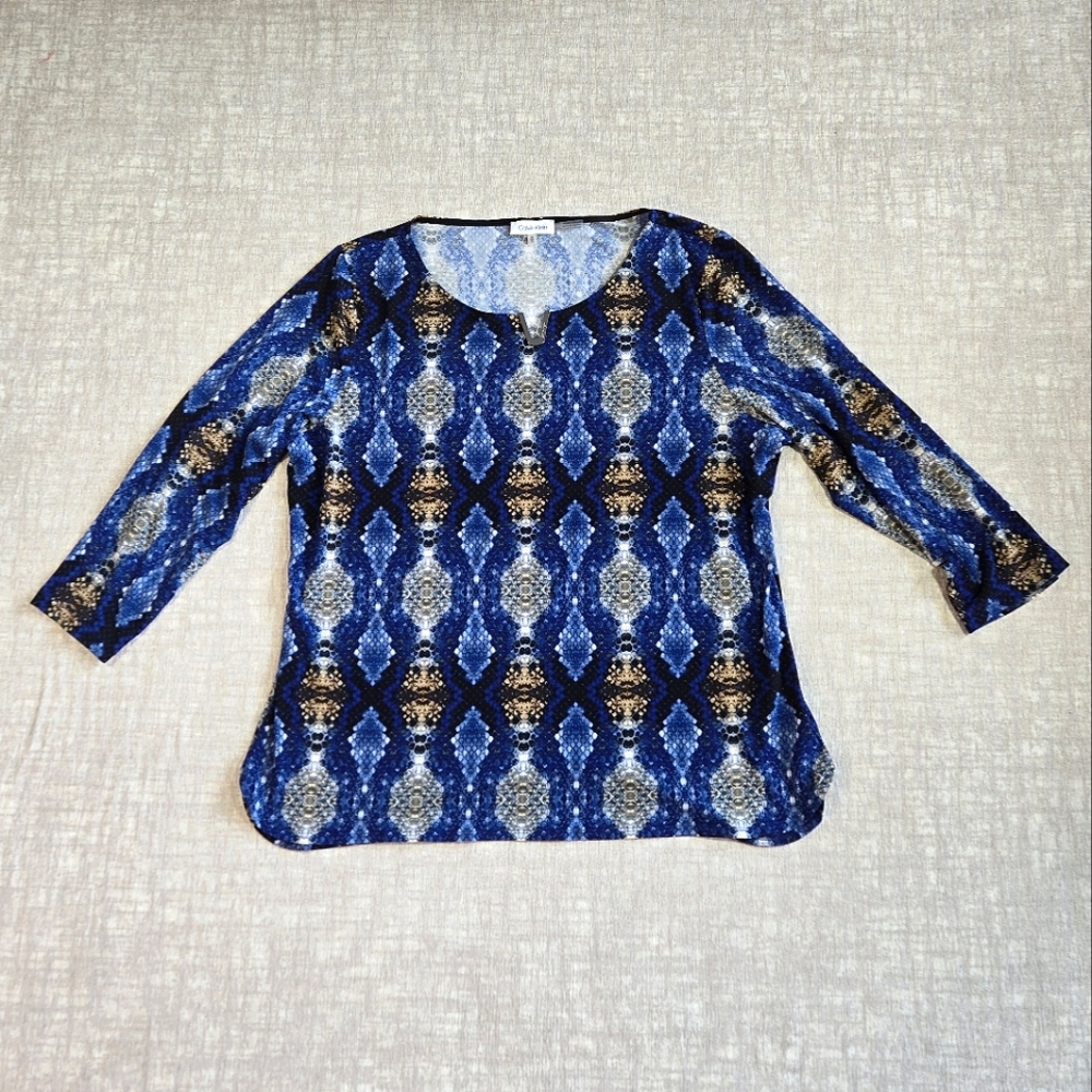 Blue and Tan Snakeskin Patterned Calvin Klein 3/4 Sleeve Top Size XL